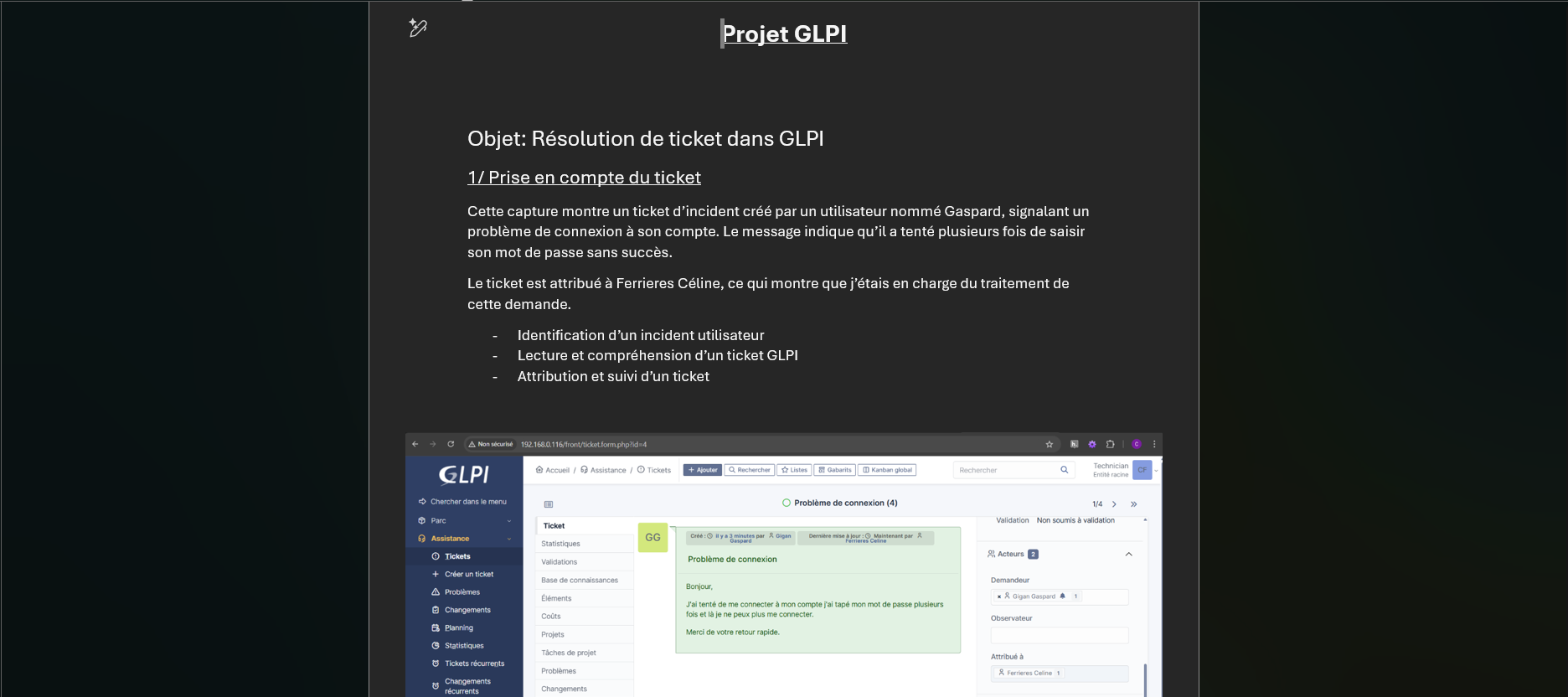 Capture d'écran du projet de résolution de tickets sur GLPI